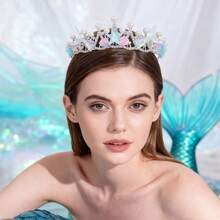 1件極簡水晶皇冠，海星美人魚尾巴頭飾，度假裝扮配件，皇冠，頭冠 - 銀色 - 查看 3