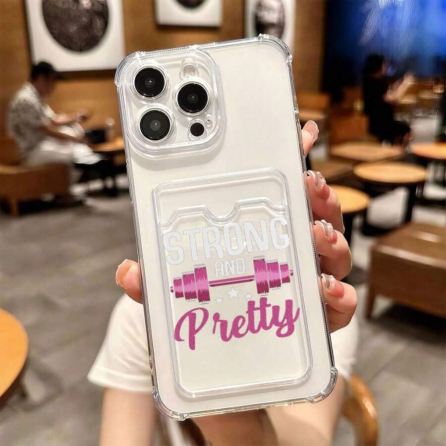 1 unidad Patrón tipográfico rosa para fitness Funda para iPhone 17, protección anticaída con airbag reforzado en las cuatro esquinas, tarjetero invisible integrado en la parte trasera, compatible para tarjeta personal, carnet de conducir, tarjeta de acceso y tarjeta de transporte, funda protectora antigolpes portátil con ranura para tarjetas, diseño sencillo y elegante, ideal para uso diario, desplazamientos y viajes - transparente (transparente) - Ver 1