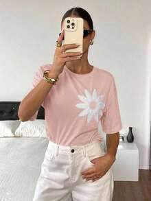 Fashionable Summer Short-Sleeved T-Shirt With Round Neck For Women - Candy Pink - View 7