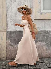 asdBrillora Vestido ajustado sin mangas con diseño calado de unicolor para mujer, de veranoasd QWNC - Caqui - Ver 7