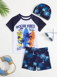 男童夏季字母植物印花泳衣三件套，短袖泳裤和泳帽 - 白色 - 查看 2
