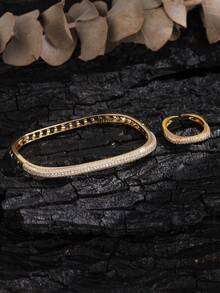 rakol 2pcs Minimalist Elegant Round & Square Geometric Zirconia Bracelet & Ring Set, Suitable For Women & Couples Daily Wear, Gift - Square - View 3