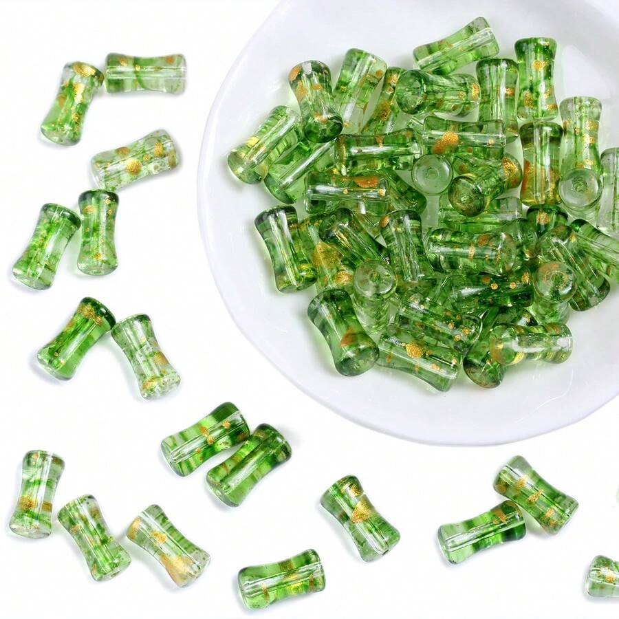30PCS 6x12mm Glass Transparent Bamboo Shaped Beads With Golden Foil, Nature-Inspired Spacer Charms, Durable Bulk Beads For Fresh & Elegant DIY Jewelry - 竹子 - 查看 1