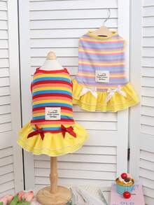 Lightweight And Fashionable Pet Rainbow Stripe Dress For Spring And Summer Pet Clothing With Bow, Suitable For Cute Daily Wear, Garden Stroll, Family Travel, Festivals, Gatherings, Seasonal Activities, Adding Elegant And Fresh Style To Your Pet - Multicolor - View 7