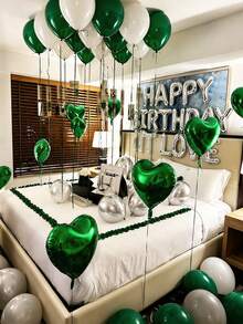 50pcs Green Happy Birthday Decoration Balloon Set, Includes Silver "Happy Birthday" Letter Banner And Silver White Green Latex Balloons, Suitable For Happy Birthday English Letter Arrangement, Party Scene Decoration Happybirthday, Birthday Party, Family Party Background Decoration Supplies - Multicolor - View 4