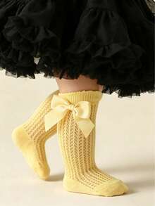 1 par de calcetines de media pierna para niñas con lazo de malla, calcetines transpirables y que no sudan - Amarillo - Ver 5