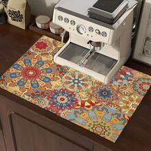 1pc Bohemian Pattern Printed Absorbent Dish Drying Mat, Espresso Machine Countertop Absorbent Mat, Sink Drain Mat, Soft Faucet Absorbent Mat, Sink Cup Mat, Home & Kitchen, Bathroom Accessories - Multicolor - View 5