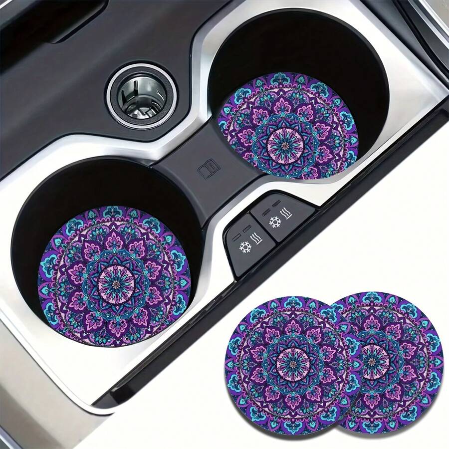 Boho Mandala Purple Lotus Coasters For Drinks Absorbent Cup Holders For Wooden Table Home Decor Car Coasters Novelty Flower Print Heat Resistant - Floral - View 1