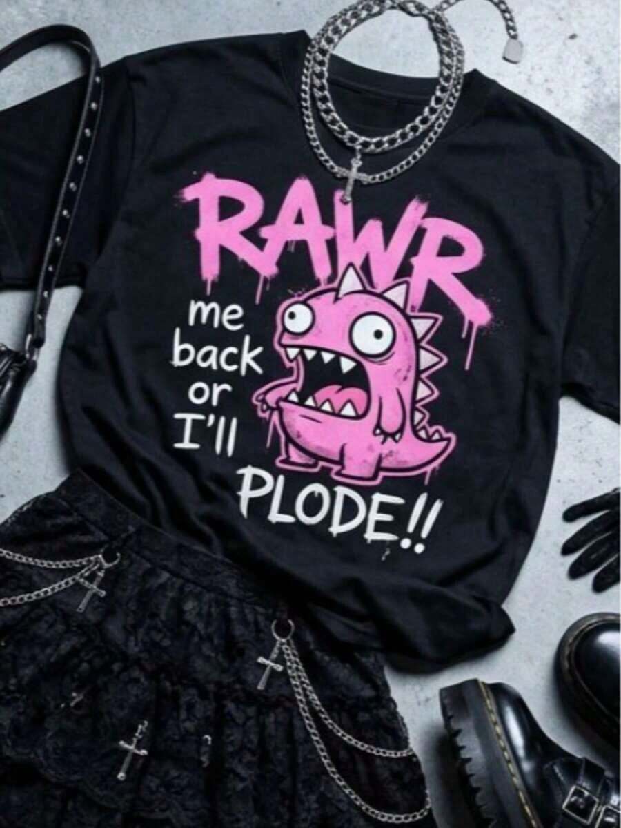 Camiseta de mujer de gran tamaño con estampado de dinosaurio RAWR, diseño divertido de monstruo de dibujos animados, cuello redondo, manga corta, estilo Y2K estético grunge gótico, ropa urbana, corte holgado, transpirable, estilo casual y moderno, ideal para conciertos, festivales, raves, uso diario, salidas de fin de semana, paseos por la ciudad, citas informales, viajes, estilo urbano, atuendo para fiestas, ropa para el campus universitario, evento temático gótico, despedida de soltera. - Negro - Ver 1