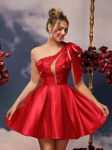 Lovelzi Elegante vestido de gala con lazo asimétrico en el hombro, decoración de satén brillante color champán, malla delantera hueca, acabado de lujo con cuentas a mano y bajo en línea A - Rojo - Ver 8