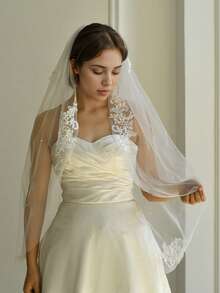 1pc Short Length Lace Applique Bridal Wedding Veil, Single Layer Soft Tulle With Hair Comb - Multicolor - View 7