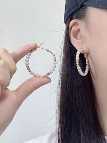 1 Pair Of Personalized Geometric Faux Pearl Bead Earrings With Simple And High-End Ear Loops, Fashionable Design, And Niche Temperament Earrings - Gold - View 3
