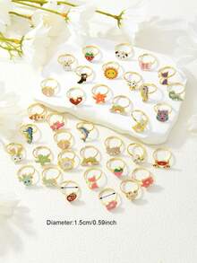 36pcs/12pcs Cute Cartoon Rings, Animal, Flower, Heart Shaped Enamel Rings Set, Zinc Alloy Small Animal Design Adjustable Rings, Suitable For Both Boy And Girl - Gold - View 3
