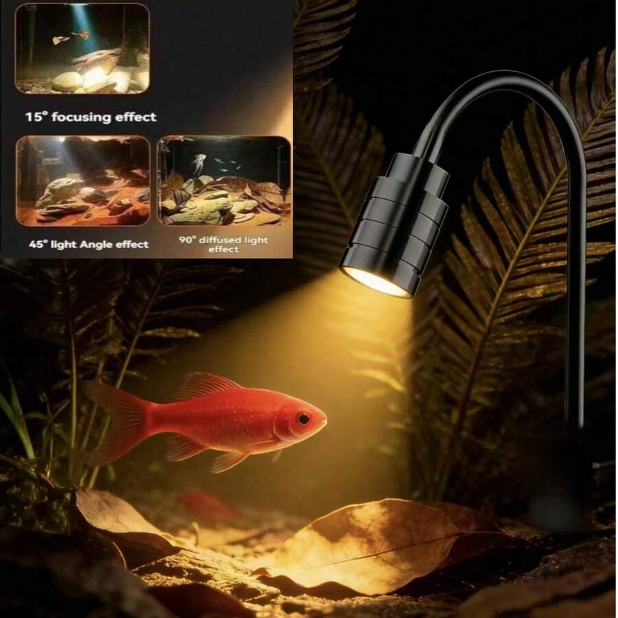 1个水族箱LED射灯，迷你景观灯，USB供电，高亮度桌面鱼缸灯，植物生长辅助灯，夹式灯，可调节照明角度（15°/30°/45°），铝合金灯头，360°灵活旋转灯管，三色调光。适用于家庭水族箱植物景观色彩增强、爬行动物照明、客厅装饰、节日和礼品。