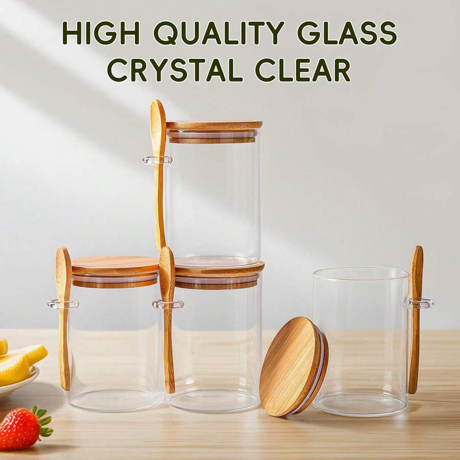4 Pack Glass Storage Jars With Bamboo Lids And Small Spoons, Clear Household Storage Canisters, Multi-Functional Kitchen Organizer Bottles, Glass Sugar Container For Tea, Coffee Beans, Brown Sugar, Nuts, Candies, Spices, Salts And All Kinds - View 1