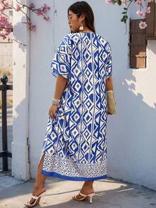 Weeklong Vestido holgado con cuello en V y mangas raglán con aplicaciones, adecuado para uso diario y vacaciones, tallas grandes para mujeres - Multicolor 6 - Ver 7