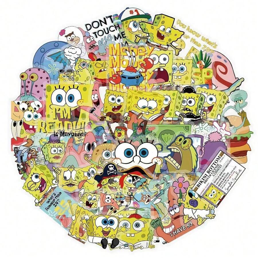 SpongeBob SquarePants 100PCS Cartoon Cute Sponge PET Stickers, Funny Octopus Design For Scrapbooking And Desktop Decoration - Multicolor - View 1