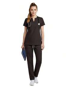 Set de 2 piezas Uniforme de enfermera para mujer, Parte superior + Pantalones con bolsillos, Ropa de trabajo para sala de cirugía, Ropa de trabajo para salón de belleza Primavera - Marrón Chocolate - Ver 2