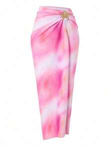 Conjunto de 2 piezas de traje de baño de una sola pieza con estampado de estrella de mar y falda de playa en color rosa elegante, para verano - Rosa - Ver 5