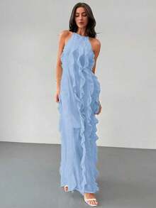 Elegante vestido de volantes de múltiples capas para vacaciones, con estilo fluido y divino, para primavera/verano - Azul - Ver 6