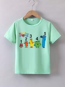 Boys' Short-Sleeved Summer T-Shirt With "Cartoon Block Number Figure" Print - Green - View 6