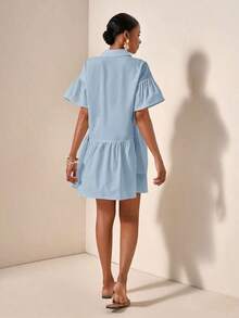 bfdbZivah Vestido de vacaciones de manga corta con volantes en el bajo y botones delanteros de unicolor, para veranosfb x WBBE - Celeste 3 - Ver 2