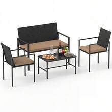 GOFLAME 4 PCS Outdoor Rattan Chairs & Loveseat Set With Tempered Glass Coffee Table And Seat Cushions Wicker Conversation Sofa Set For Backyard Porch - Yellow - View 7