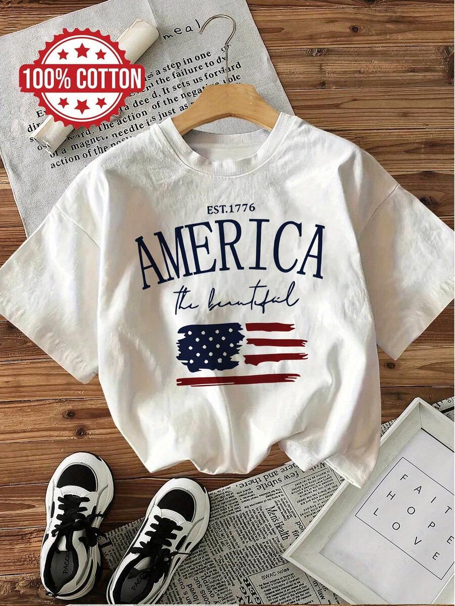 America Beautiful Print Short-Sleeved Casual T-Shirt, 100% Cotton, Suitable For Summer And Spring, Women's Clothing, Summer Outfit For Women - White - View 1