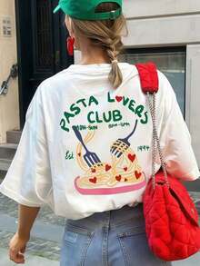 1 Piece Women's Short-Sleeved T-Shirt, Round Neck And Loose Fit, With Italian Cuisine Enthusiasts Club Themed Graphic Print, Suitable For Vacation, Office, Going Out, Daily Wear, Dating, Parties, Gatherings, Going Out On The Town, Carnival, Music Festivals, Valentine's Day, White Color, Summer Outfit For Women. - White - View 11