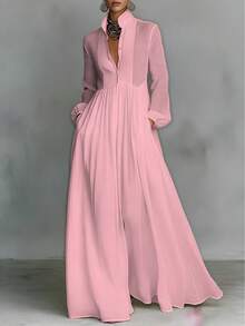 2026 Spring New Arrival European American Women Dress Fashion Elegant Big Swing Long Dress Solid Color High Waist Flowy Maxi Dress Ladies Casual Party Dating Daily Vacation Outfit Dresses - 粉紅色 - 查看 4