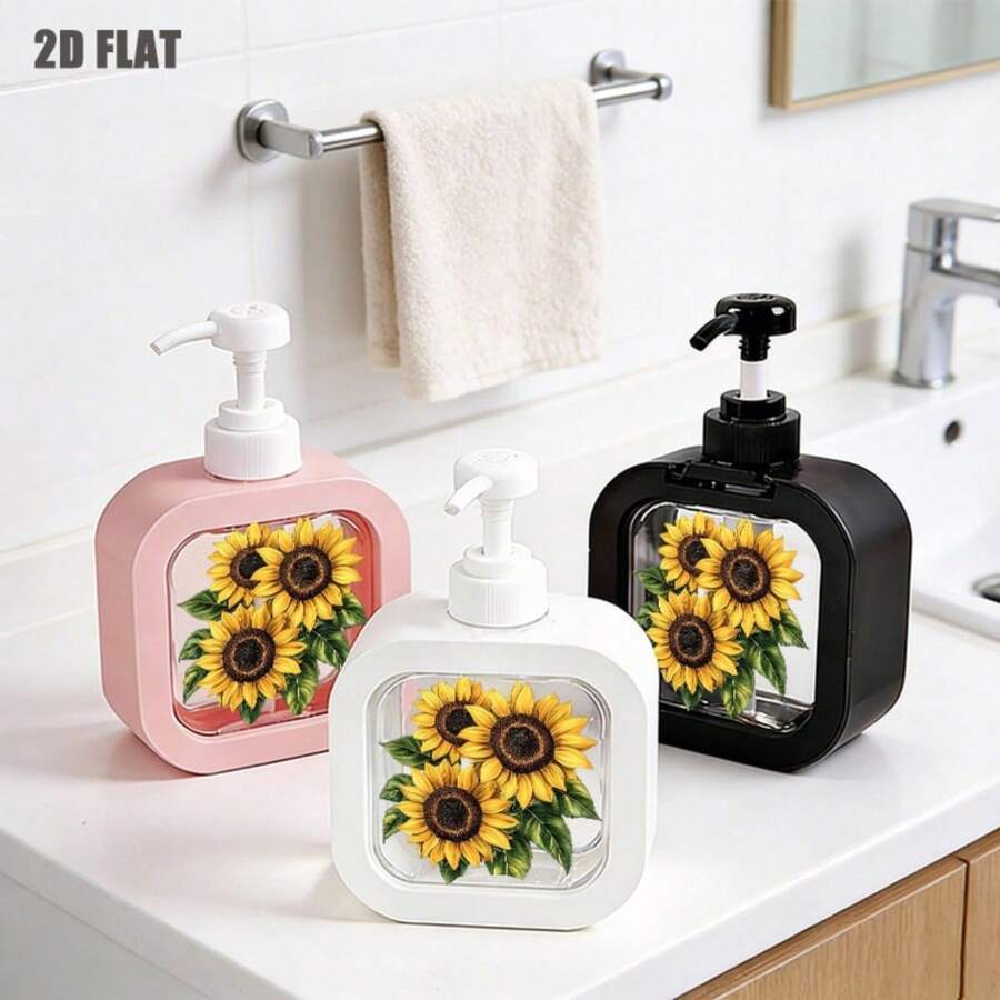 1pc Luxury Floral Sunflower Print Color Block Border Press Dispenser Bottle, Large Capacity Multi-Specification Hand Soap Bottle, Bathroom Toiletries Lotion Dispenser Empty Bottle, Dish Soap Shower Gel Universal Dispenser Container, Household Countertop Storage Daily Necessities - Multicolor - View 1