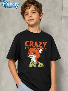 Disney Zootopia 1 Piece Teen Boys Nick Wilde "Crazy Strawberry" Print Short Sleeve T Shirt Black Daily Summer Boys Clothes Teen Boy Clothes Shirts - 黑色 - 查看 2