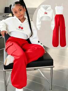 Young Girl Cartoon Print Hooded Long Sleeve & Camisole Top, Long Pants - White - View 1