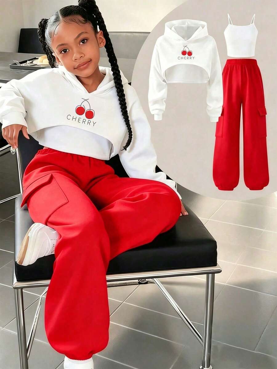 Young Girl Cartoon Print Hooded Long Sleeve & Camisole Top, Long Pants - White - View 1