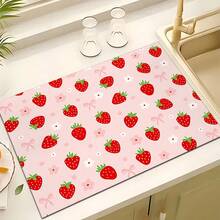 1 pieza Felpudo absorbente con estampado de fresa para secar platos, Felpudo absorbente para mostrador de máquina de espresso, Felpudo absorbente para fregadero, Felpudo absorbente suave para grifos, Felpudo absorbente para tazas de fregadero, Accesorios para el hogar y la cocina, Accesorios de baño - Multicolor - Ver 3