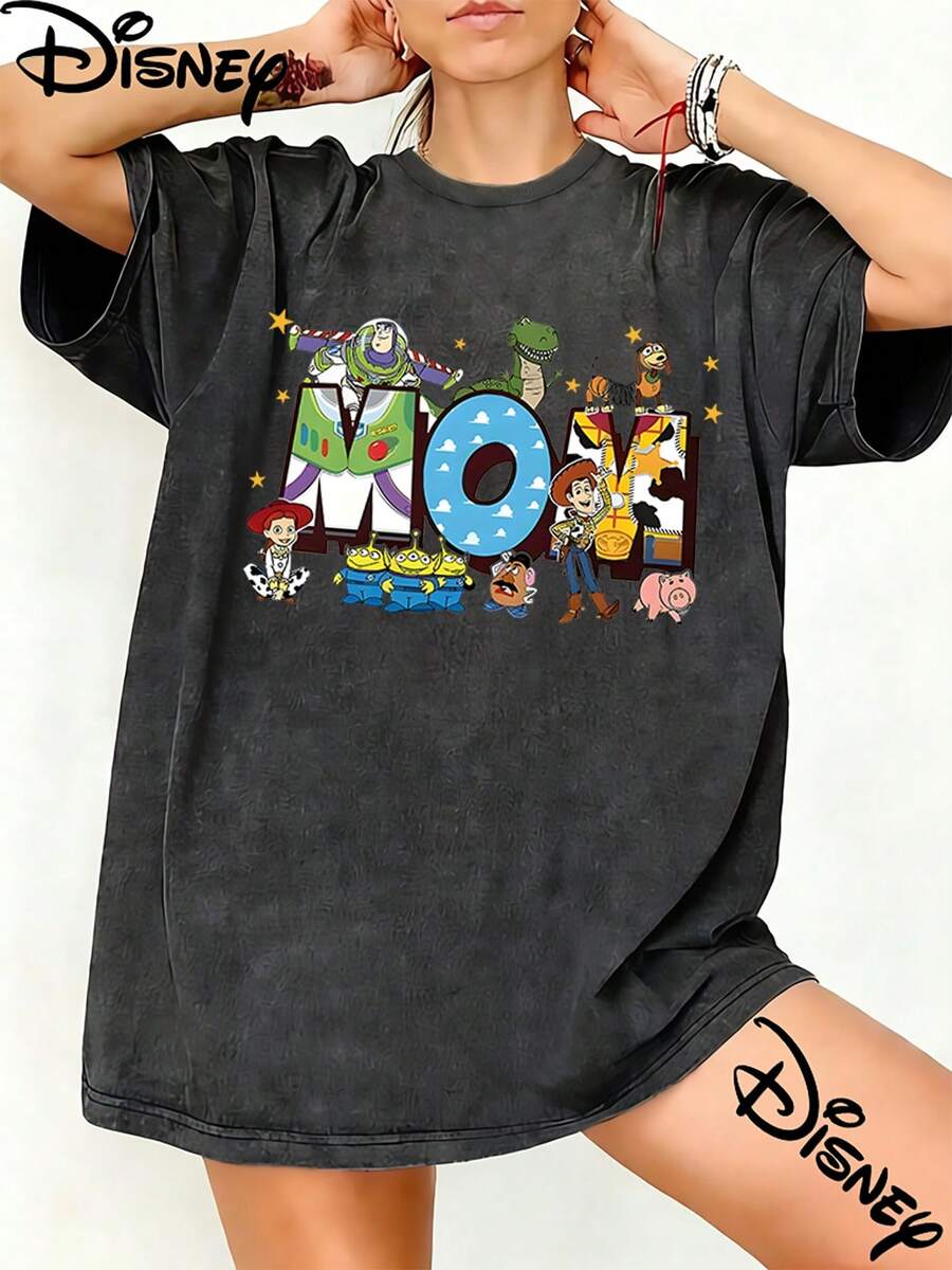 Disney Toy Story Mom Letter Graphic Washed Unisex TShirt, 100% Cotton Oversized Vintage Short Sleeve Tee, Family Mom Cartoon Themed Casual Top - màu đen - Xem 1
