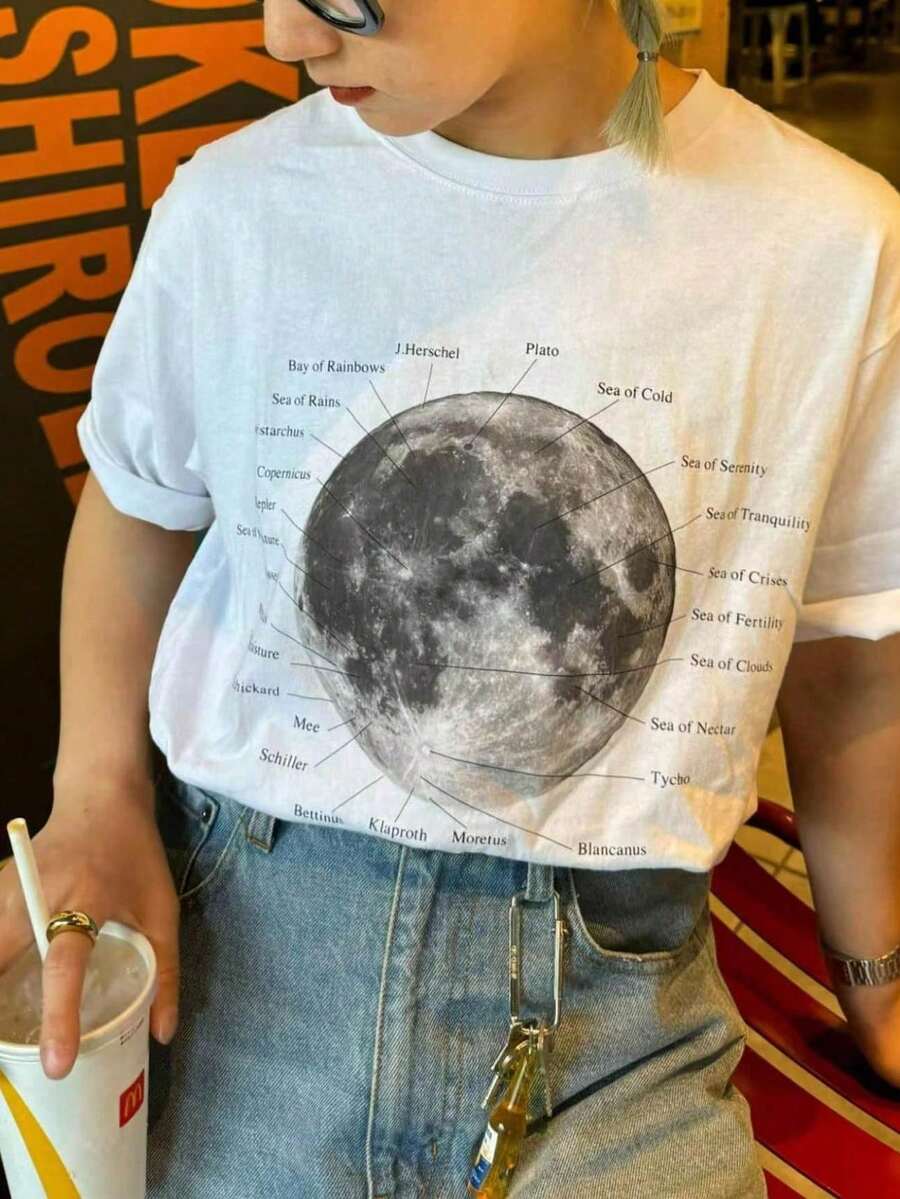 [ 100% Cotton ] Recommended New Products For Summer 2026: Lace Logo T-Shirt, Summer Dress, Women's Fashion T-Shirt, Short Sleeve Office Casual 200g Cotton Cartoon Character Printed Loose White Top, Y2K Women's Top, Spring Dress Top - White - View 1