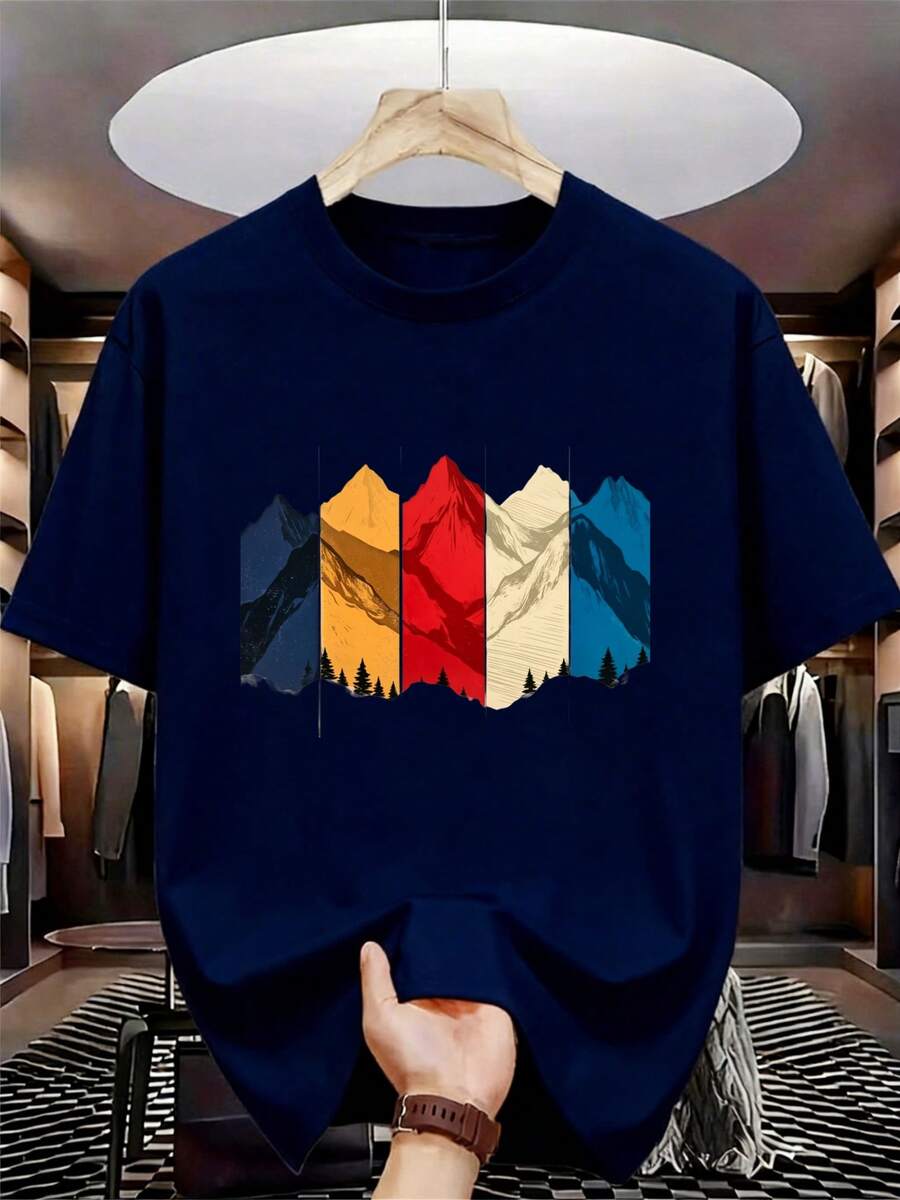 Men's Urban Style T-Shirt, Mountain Print, Colorful Abstract Art, Machine Washable, Casual For Daily Wear, Fitness And Outdoors | Sports And Casual T-Shirts - 藏青色 - 查看 1