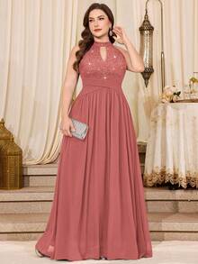 Đầm dạ hội size lớn cổ yếm đính sequin ren hoa nhún eo phối voan chiffon, đầm dạ hội, đầm dự tiệc cưới, cho sinh nhật, lễ tốt nghiệp - Bụi hồng - Xem 4