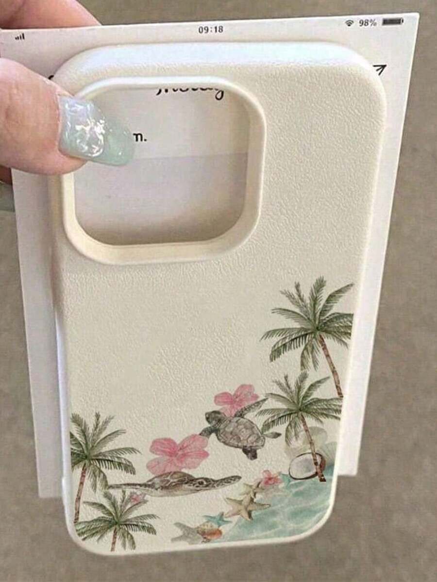 1 pieza Funda de teléfono de material TPU con patrón de collage de tortuga marina fresca y árbol de coco brócoli, compatible con iPhone 17 Pro Max/17/16 Pro Max/15/13/12/11, textura de cuero de lichi impresa, carcasa protectora de teléfono con cobertura completa, a prueba de golpes, funda protectora suave - Multicolor - Ver 1