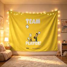 Miniso Peanuts "Team Player" Tapestry, Bright Yellow With Snoopy & Charlie Brown Print No-Hole Backdrop, Perfect For Parties, Camping, Home Decor, Scene Setup And Gathering Displays - 0 - View 6
