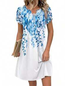 ,Flower Dress Women,2026 Women's Summer Casual Floral V-Neck A-Line T-Shirt Mini Dress Short Sleeve With Pockets Beach Sundress,Casual Summer Dress, S - 白藍色的花 - 查看 2