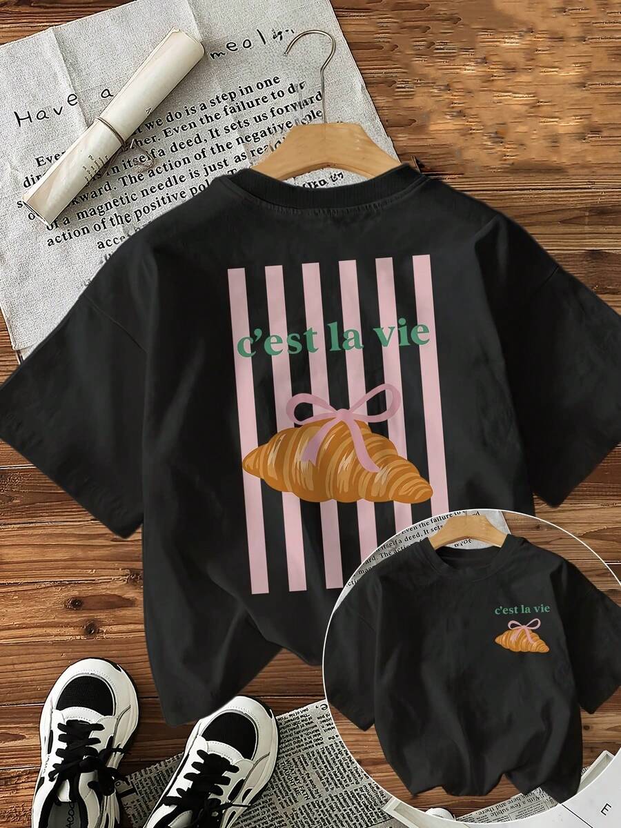 Tops,Double-Sided Croissant Print Round Neck T-Shirt Casual Sports Women'S Spring And Summer Short Sleeves - Black - View 1