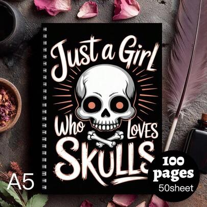 1 pièce Cahier spirale gothique tête de mort et os croisés - Taille A5 - Couleur noire avec design tête de mort et squelette, avec le texte "Juste une fille qui aime les crânes" - 100 pages - Cadeau parfait pour les femmes, les hommes, les collègues - Pour le bureau, l'école ou un usage personnel - Journal d'écriture motivationnel
