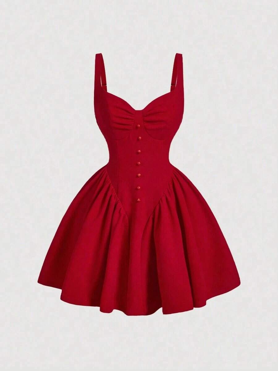 Vestido con estampado floral vintage decorado con botones - Rojo - Ver 1