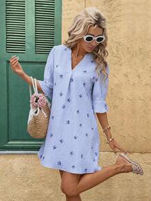Vestido corto casual de mujer con estampado rojo - Azul - Ver 3