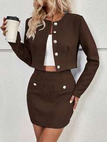 MEXSHEIN ChicEase Conjunto de 2 piezas de chaqueta corta abotonada de tweed elegante y falda mini para mujer, adecuado para el trabajo y el uso casual, otoñoMEX DNAK - Marrón - Ver 5