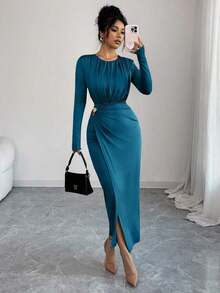 MEXSHEIN Elenzya Vestido de manga larga marrón de uso versátil para Navidad, Año Nuevo, negocios y uso diario, con decoración metálica y cintura ceñida, elegante y de estilo vintage de la calle francesaMEX VYM8 - Agua verde azul - Ver 4