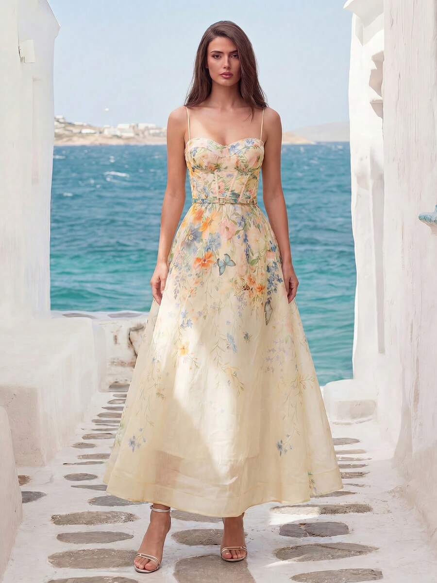 Faeriesty Vestido de noche elegante con tirantes finos y estampado floral para mujer, con estructura de ballenas, cierre de cremallera en la espalda, adecuado para eventos de alfombra roja, cenas formales, bodas de lujo, galas y fiestas de baile de gala - Multicolor - Ver 1