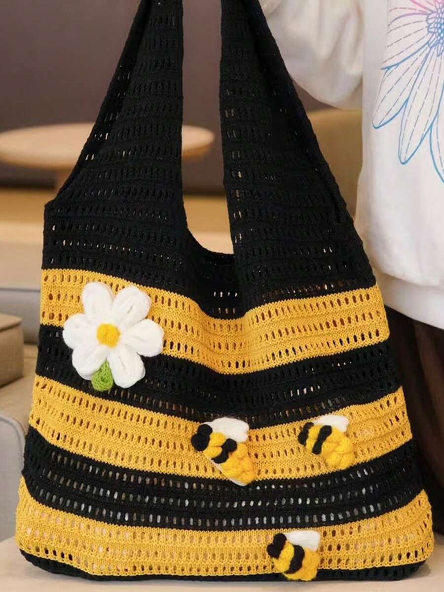 Bee Daisy 3D Decorative Crochet Bag, Vintage Black & Yellow Contrast Striped Hollow Knit Bag - Multicolor - View 1